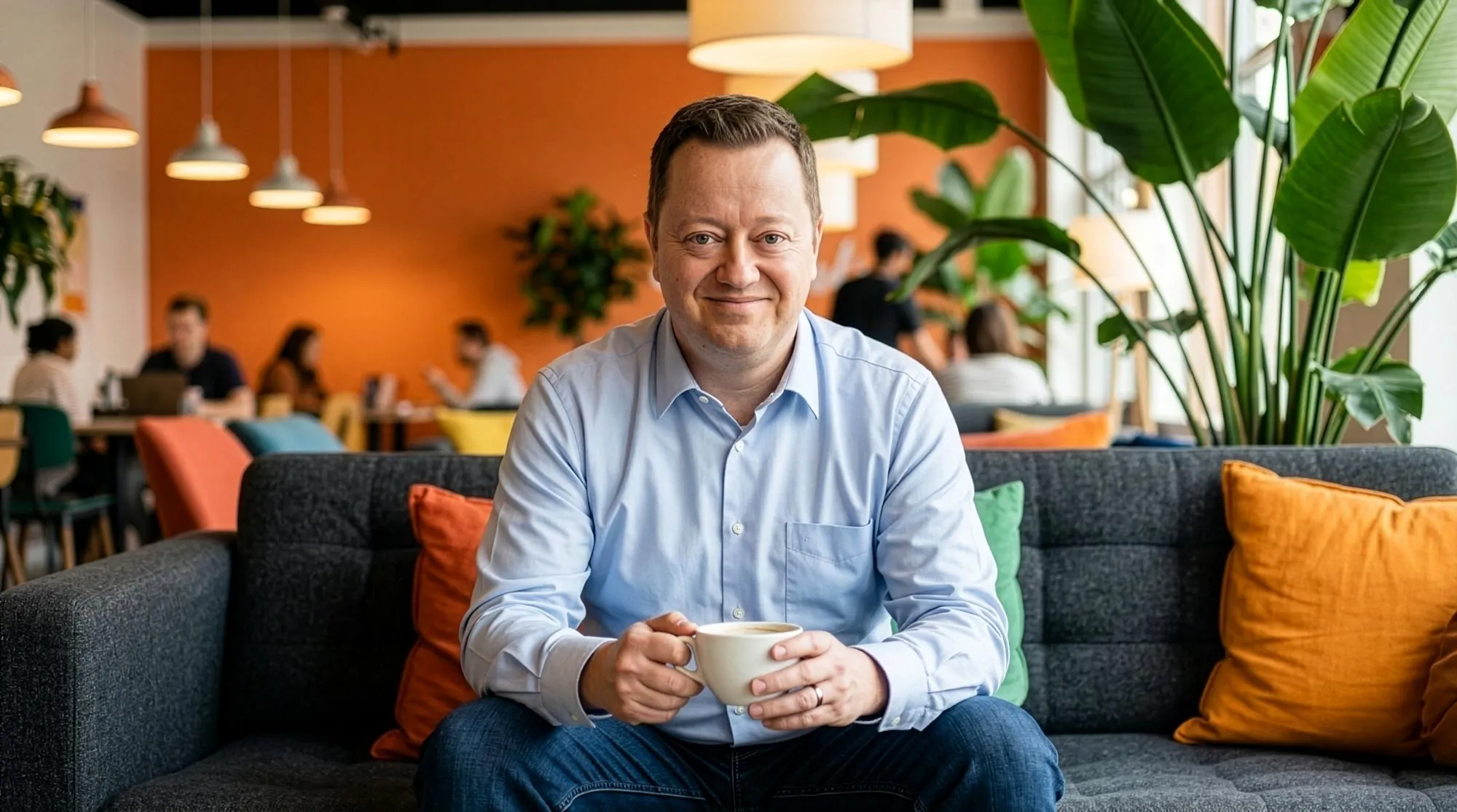 Daniel Kilian im Café, mit Kaffeetasse