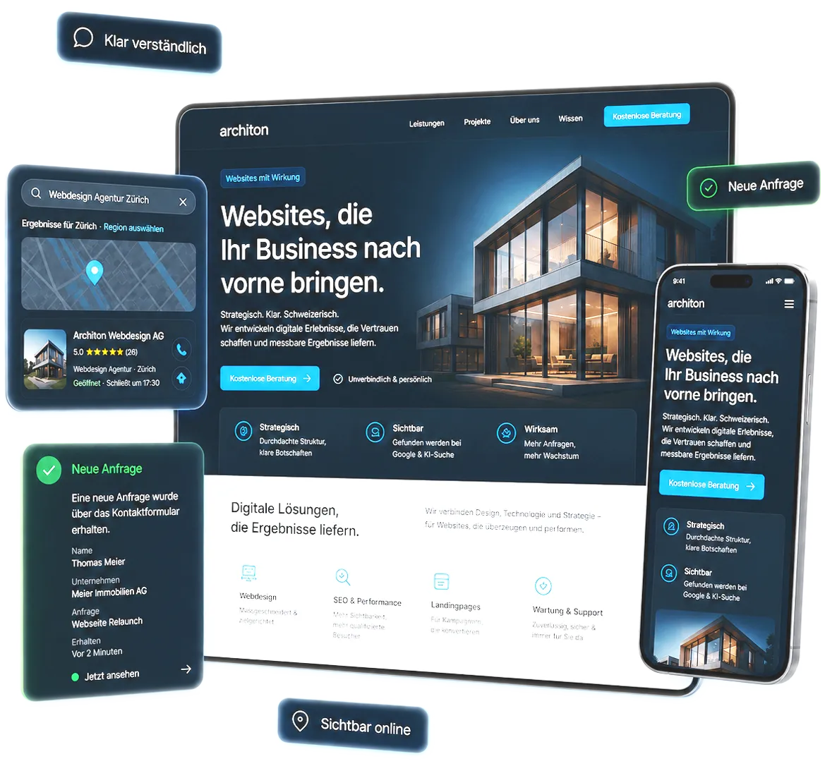 Beispiel-Mockup: Website mit lokaler Sichtbarkeit, neuen Anfragen und mobiler Ansicht